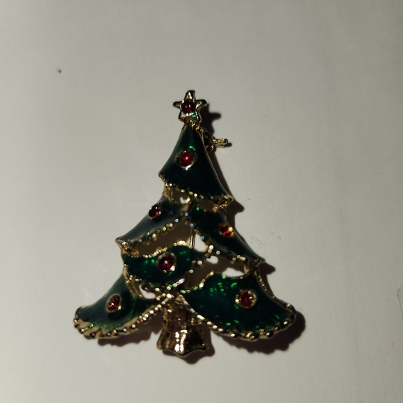 Vintage ladies Christmas tree brooch pin green enamel with red stones - Picture 2 of 4